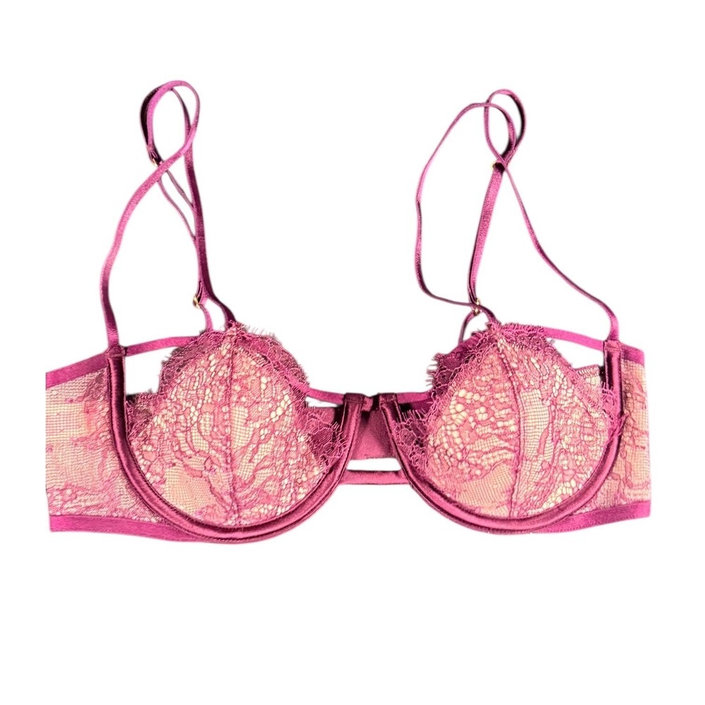 Victoria's Secret Sheer Lace Strappy Balconette Bra Pink Plum Size 34B‎